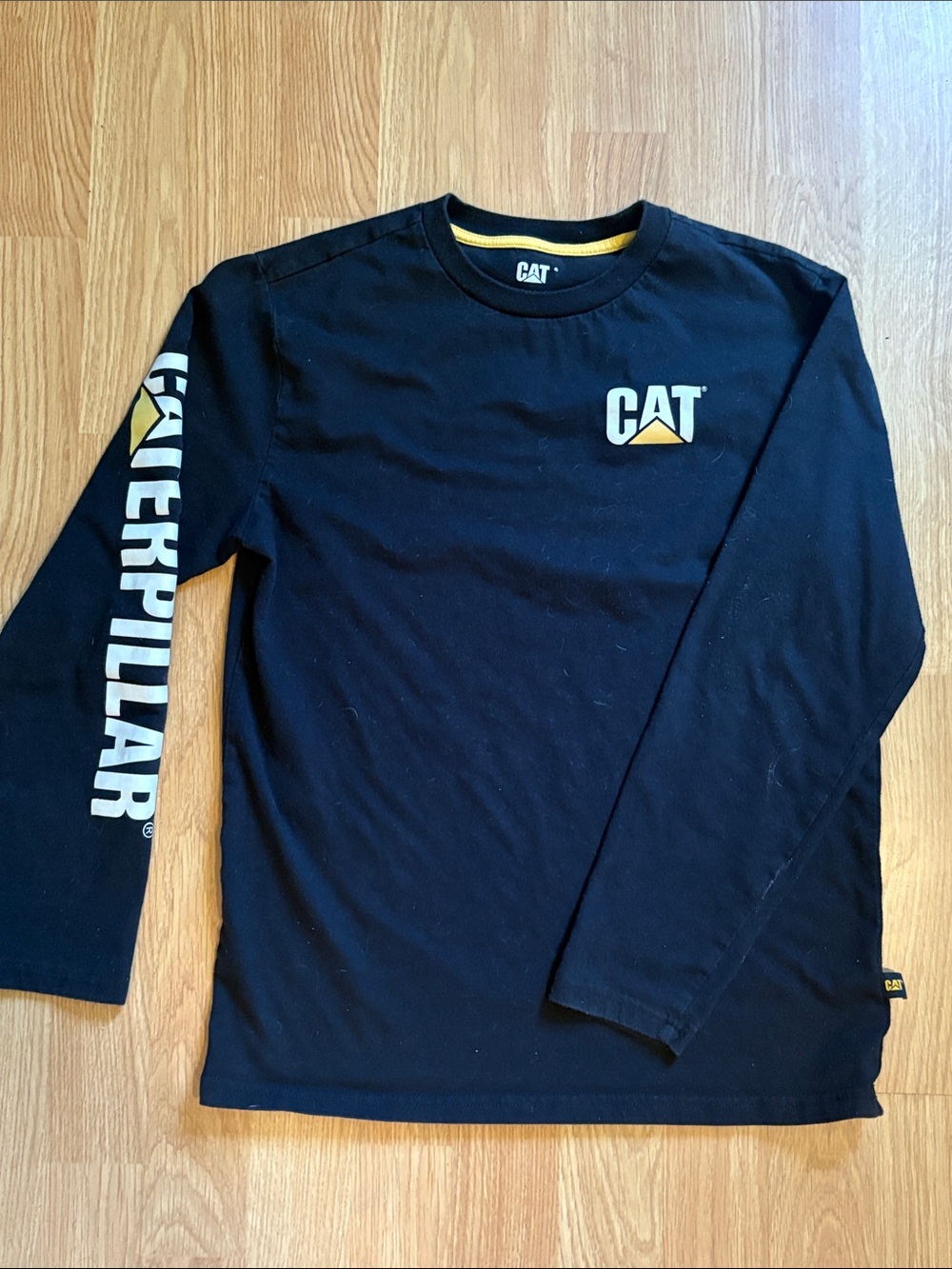 Caterpillar Black Long-Sleeve Logo Tee with Yellow Accents